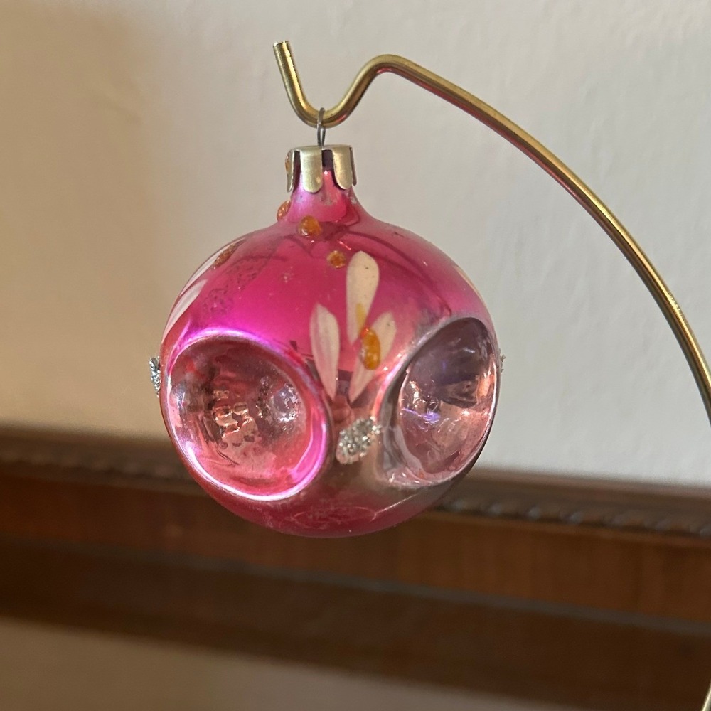 Vtg USSR Pink Mercury Glass Christmas Ornament Quadruple Indent 2'' GLOWS